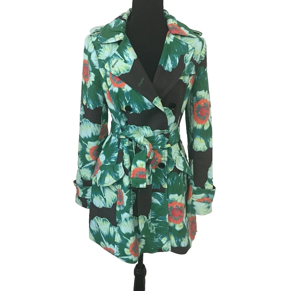 BANANA REPUBLIC Sz S Floral Belted Trench Coat Green Multicolor Double‎ Breasted
